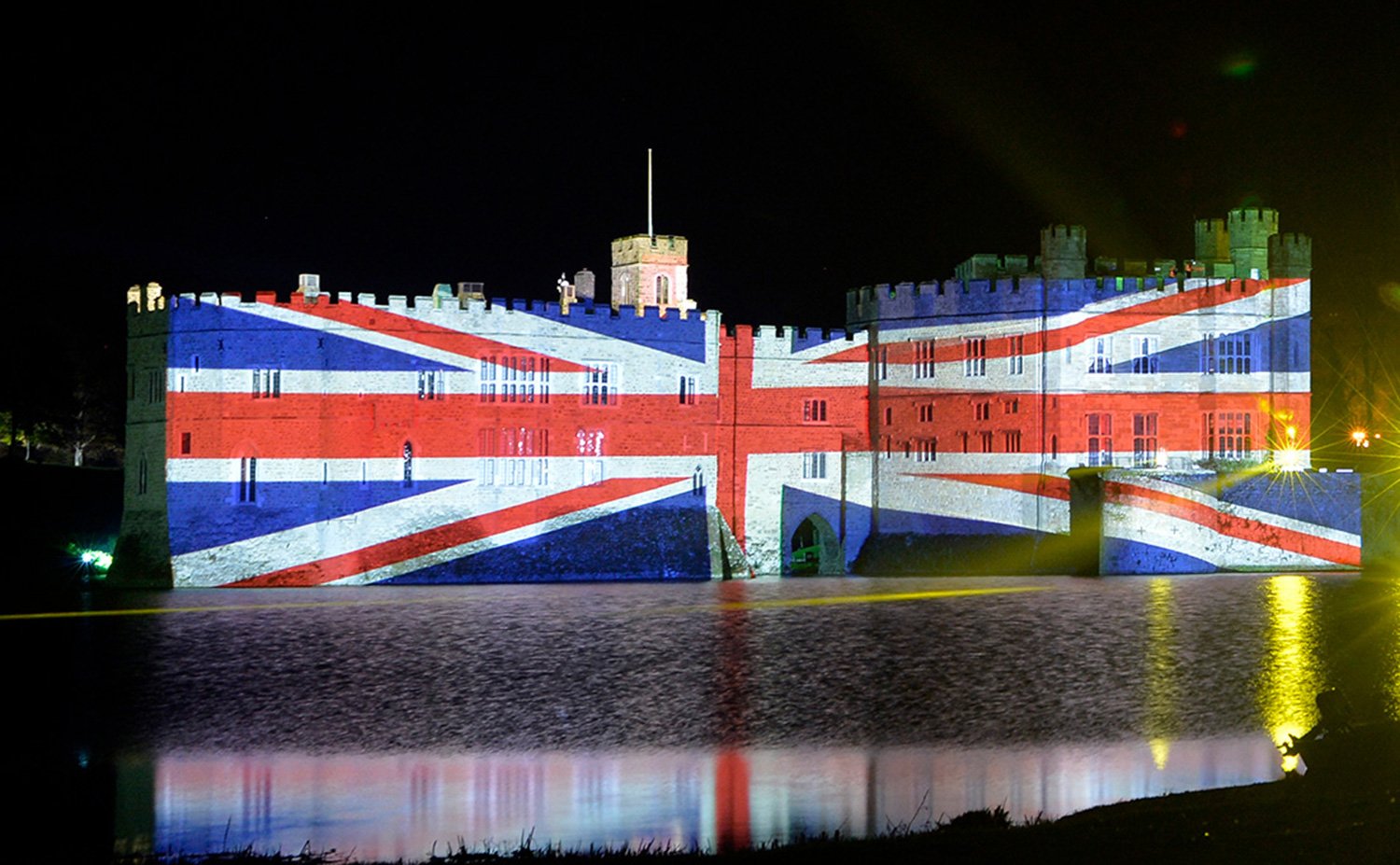 Platinum Jubilee At Leeds Castle - union jack light show over the castle